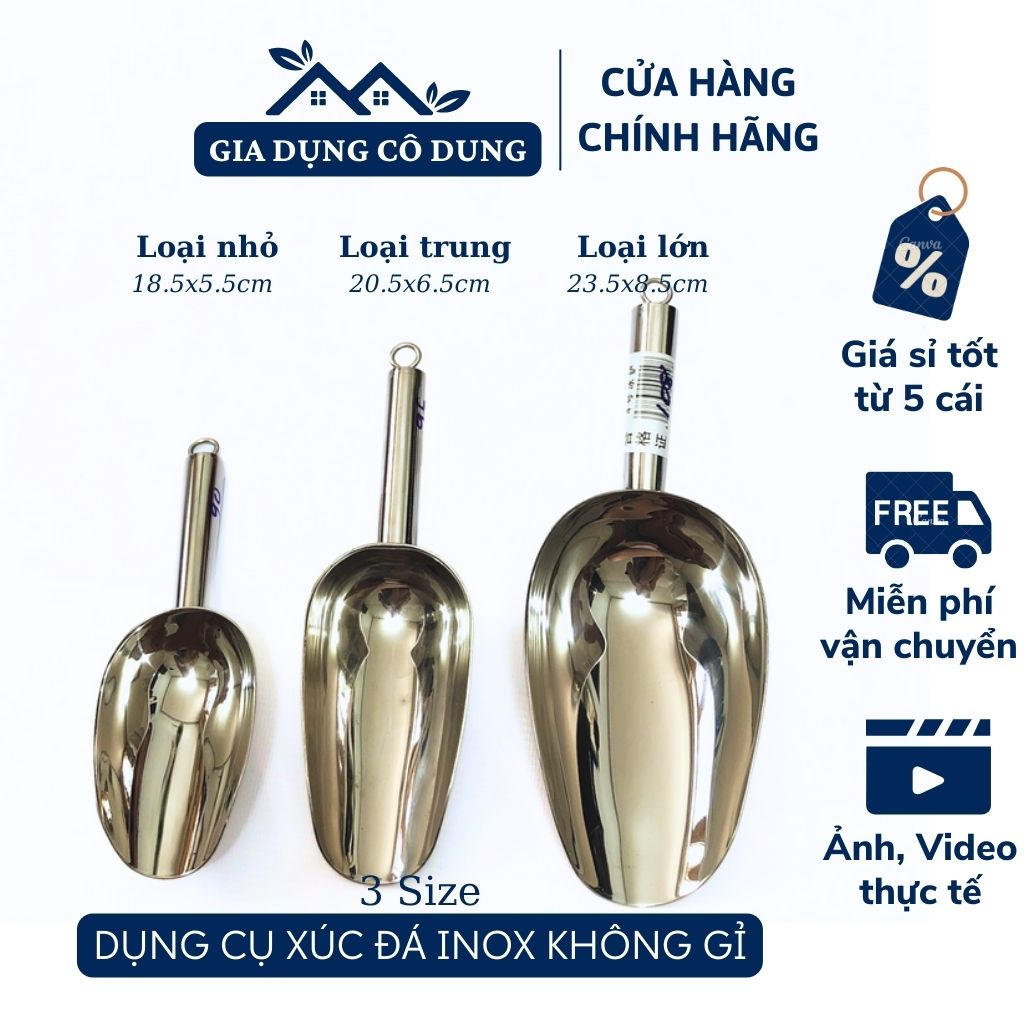 Xúc Đá Inox 304 Loại Dày - Muỗng Xúc Đá Bằng Inox Có Khoen (Nhỏ, Trung ...