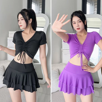 Set Đồ Tập Nữ, Đồ Tập Gym Aerobic Nữ Áo Rút Kết Hợp Chân Váy Xoè 2 Tầng, Đồ Đi Biển Nữ, Váy Đi Biển Nữ(Vay11)