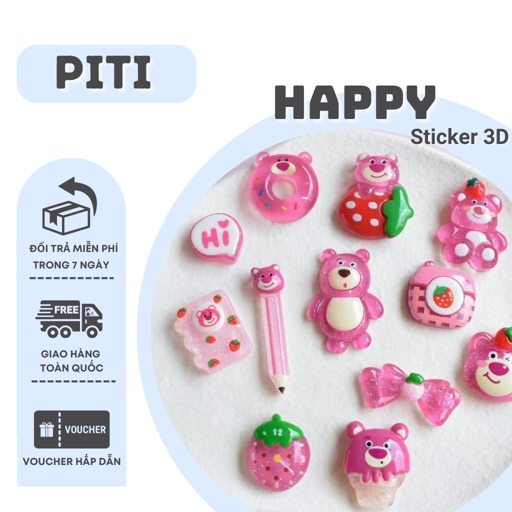 Sticker gấu dâu 3D hình dán nổi trang trí bình nước siêu dễ thương ...