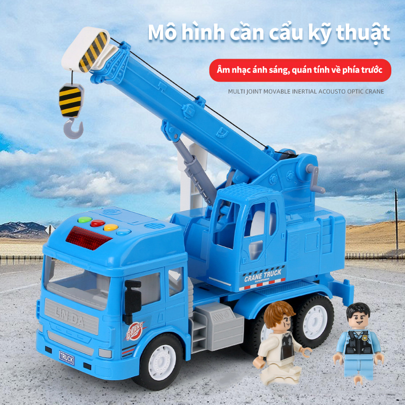 Đồ chơi xe cần cẩu kỹ thuật bánh đà, cẩu xoay 360 độ, xe công trình xây dựng, xe bồn có đèn và nhạc.