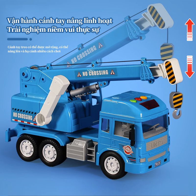 Đồ chơi xe cần cẩu kỹ thuật bánh đà, cẩu xoay 360 độ, xe công trình xây dựng, xe bồn có đèn và nhạc.