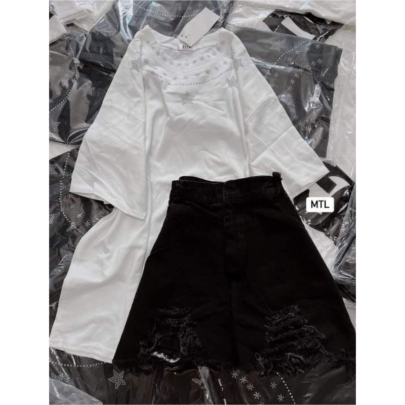[ Rẻ vô địch ] Set bộ áo thun sao in nhũ mix quần jean rách | Shopee ...