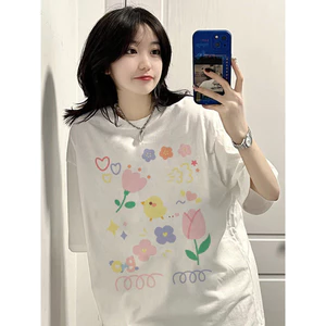 Áo thun tay lỡ form rộng nhiều họa tiết mix dễ thương Hoa - Unisex nam nữ đều mặc được