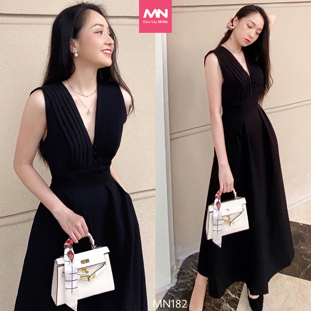 Đầm dự tiệc MINA dáng xoè midi cổ chữ V xếp ly ngực sát nách màu đen sang trọng quyến rũ xinh đẹp MN182 spe