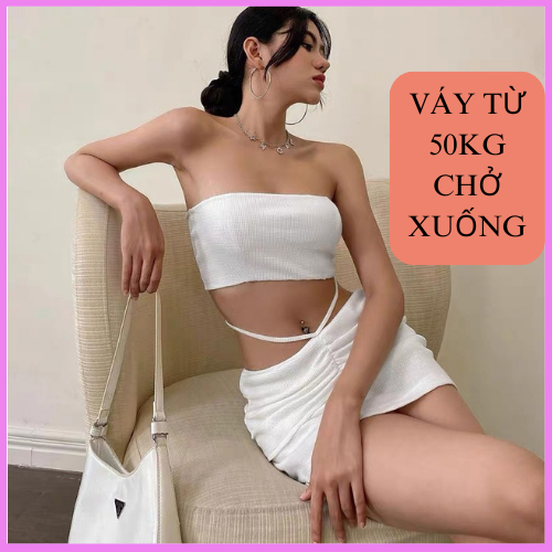 Set váy 2 món gồm áo ống và chân váy cạp thấp cột dây eo sang trọng thời trang quyến rũ cho nữ chất thun gân - RBD098