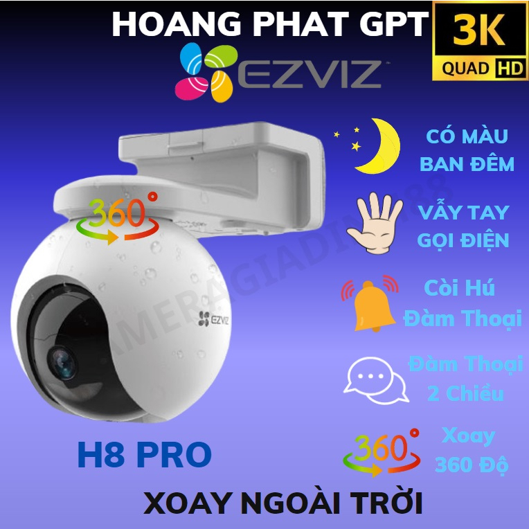 Camera wifi Ezviz H8 Pro 5MP/3MP- 2K/3K, Ngoài trời quay 360, Phát hiện người &xe bằng AI, Xoay 360 độ, Quay màu ban đêm