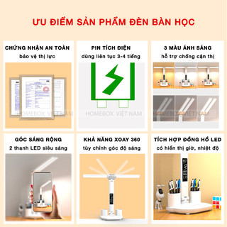Đèn Học LED Có Màn Hình Hiển Thị Đồng Hồ Tích Điện, Đèn Bàn Học 3 Màu Ánh Sáng Chống Cận Thị