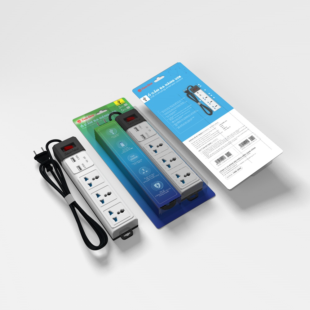 Ảnh Ổ cắm đa năng USB CHỐNG GIẬT dây 3M/5M, Sạc nhanh 5V-2a, tích hợp RƠ-LE tự ngắt Rạng Đông - Model: OC02.USB 3C/10A 2