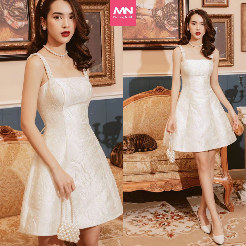 Đầm trắng dự tiệc MINA thiết kế hai dây dáng xoè ngắn mini dễ thương xinh xắn vải gấm MN162 spe