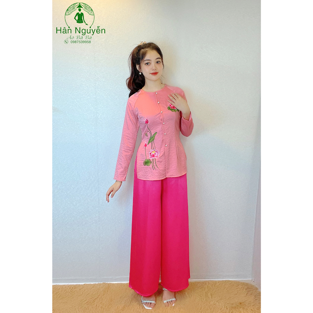 Hân Nguyễn Áo Bà Ba - B.A83 - Áo Bà Ba Thiêu Hoa Sen + Quần