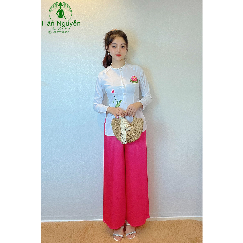 Hân Nguyễn Áo Bà Ba - B.A83 - Áo Bà Ba Thiêu Hoa Sen + Quần