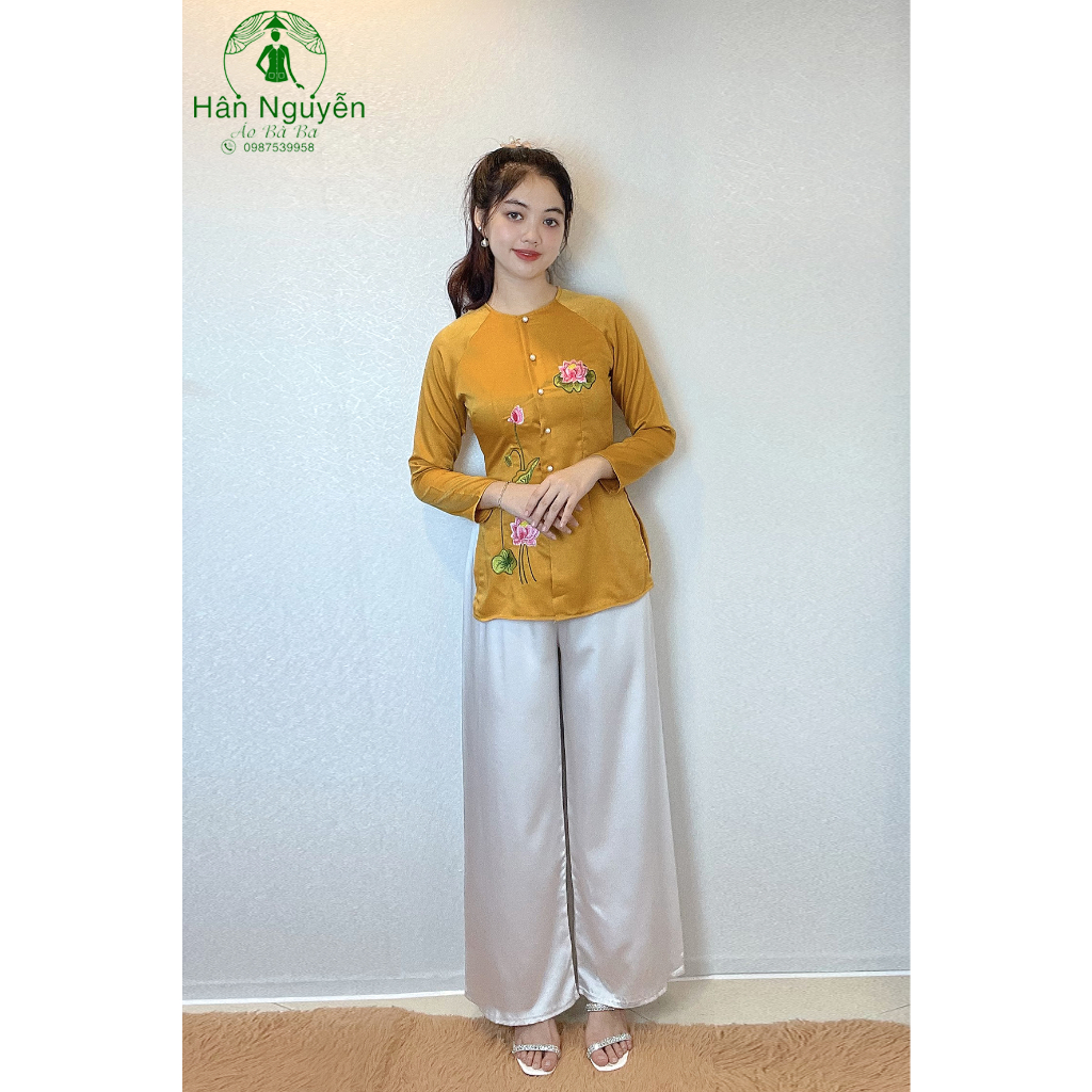 Hân Nguyễn Áo Bà Ba - B.A83 - Áo Bà Ba Thiêu Hoa Sen + Quần