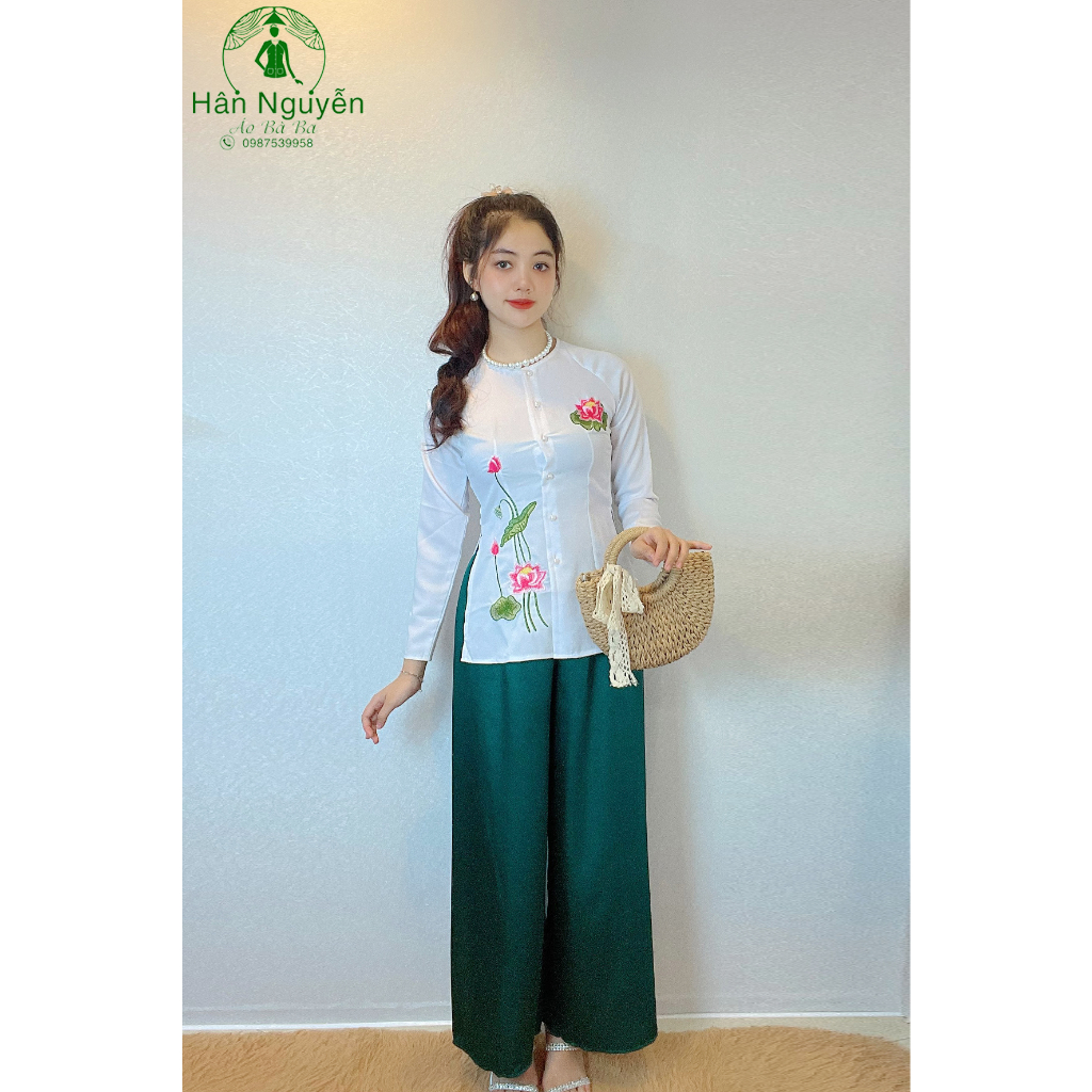 Hân Nguyễn Áo Bà Ba - B.A83 - Áo Bà Ba Thiêu Hoa Sen + Quần