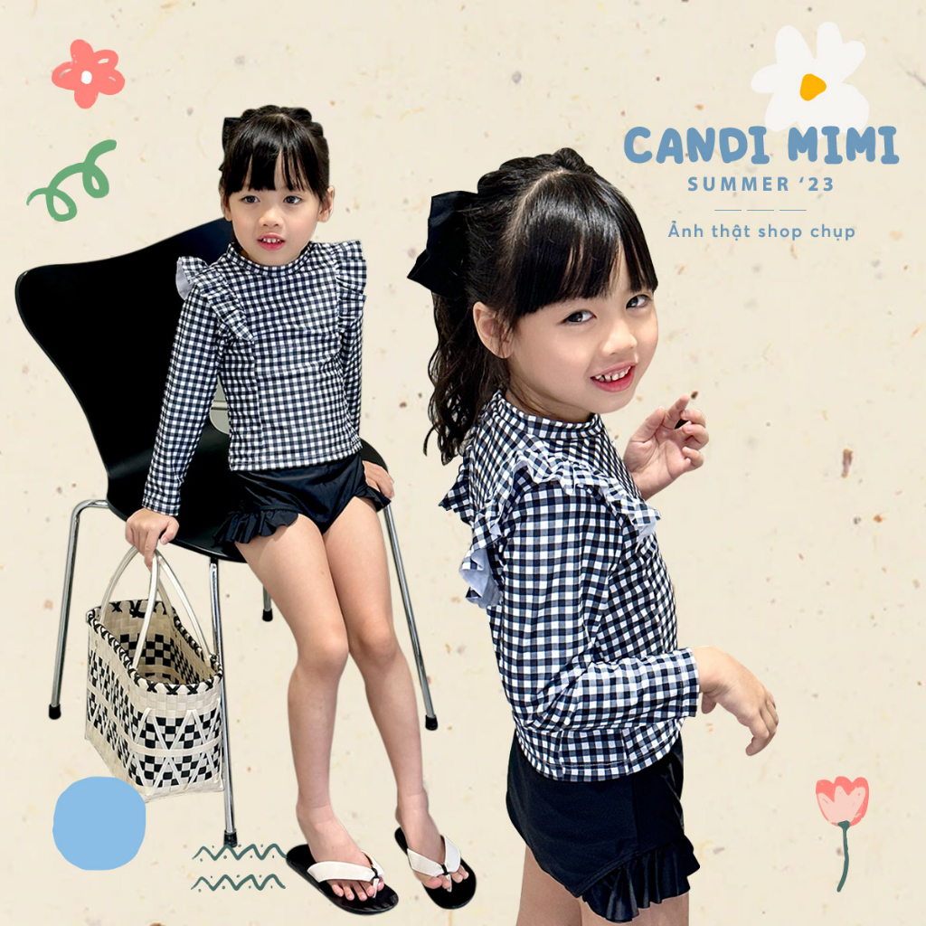 Đồ Bơi Bé Gái 2 Mảnh Họa Tiết Kẻ Caro Viền Bèo CANDI MIMI 2023 - Tặng kèm mũ bơi - Phong cách Hàn Quốc dễ thương