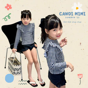 Đồ Bơi Bé Gái 2 Mảnh Họa Tiết Kẻ Caro Viền Bèo CANDI MIMI 2023 - Tặng kèm mũ bơi - Phong cách Hàn Quốc dễ thương