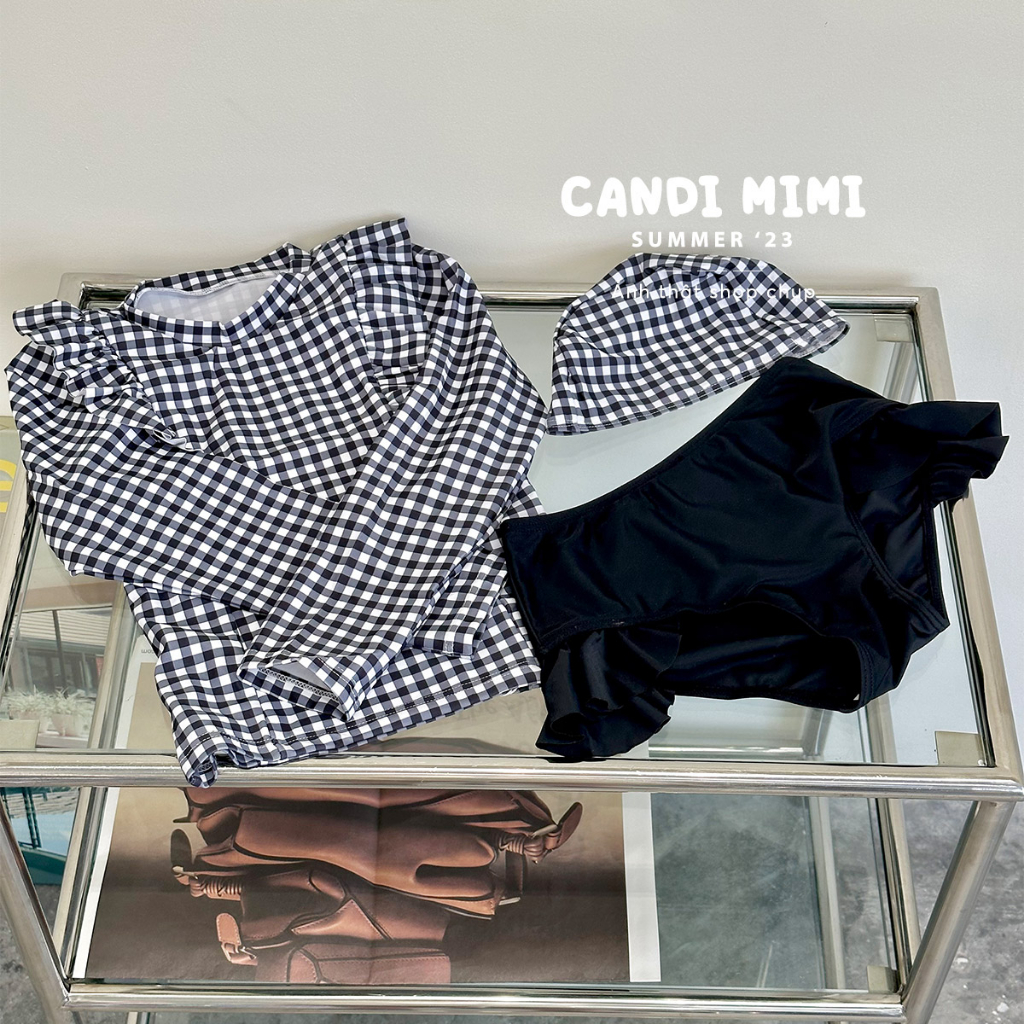 Đồ Bơi Bé Gái 2 Mảnh Họa Tiết Kẻ Caro Viền Bèo CANDI MIMI 2023 - Tặng kèm mũ bơi - Phong cách Hàn Quốc dễ thương