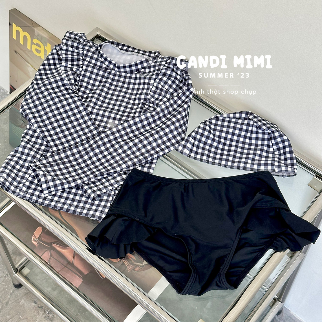 Đồ Bơi Bé Gái 2 Mảnh Họa Tiết Kẻ Caro Viền Bèo CANDI MIMI 2023 - Tặng kèm mũ bơi - Phong cách Hàn Quốc dễ thương