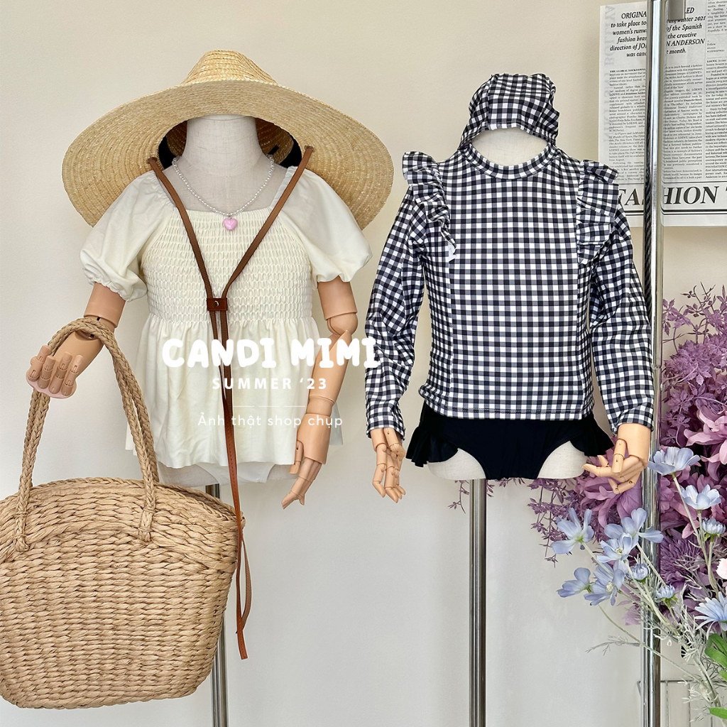 Đồ Bơi Bé Gái 2 Mảnh Họa Tiết Kẻ Caro Viền Bèo CANDI MIMI 2023 - Tặng kèm mũ bơi - Phong cách Hàn Quốc dễ thương