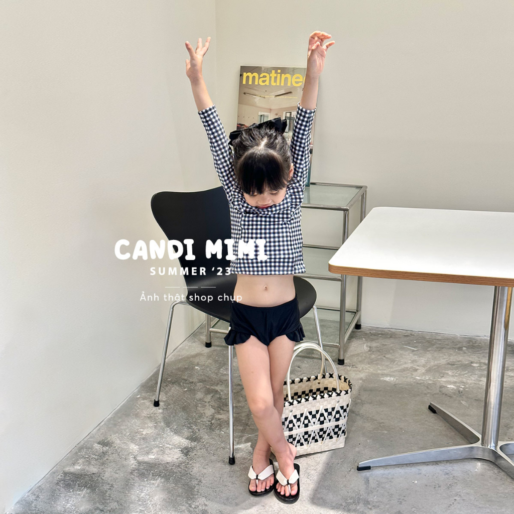 Đồ Bơi Bé Gái 2 Mảnh Họa Tiết Kẻ Caro Viền Bèo CANDI MIMI 2023 - Tặng kèm mũ bơi - Phong cách Hàn Quốc dễ thương