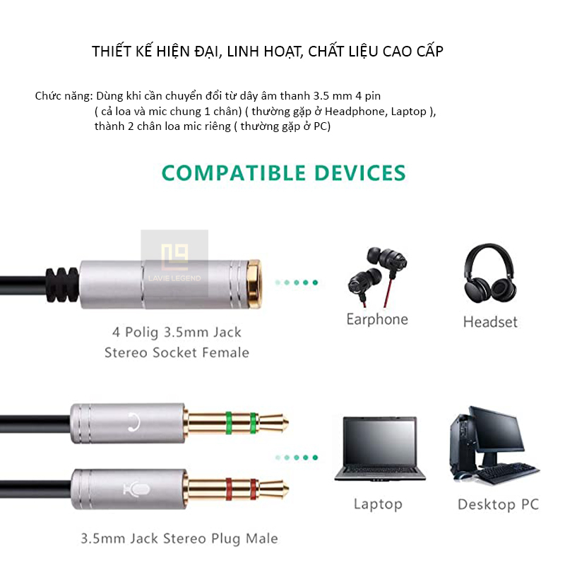 Cáp Chia Âm Thanh AUX 1 To 2 Chuyển Đổi Jack Audio 3.5mm Dùng Cho Máy Tính Để Bàn, Loa, Tai Nghe Kết Nối Micro | BigBuy360 - bigbuy360.vn