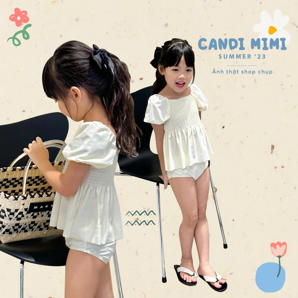 Đồ Bơi Bé Gái 2 Mảnh Tay Bồng Dễ Thương CANDI MIMI 2023 - Tặng kèm mũ bơi - Phong cách Hàn Quốc