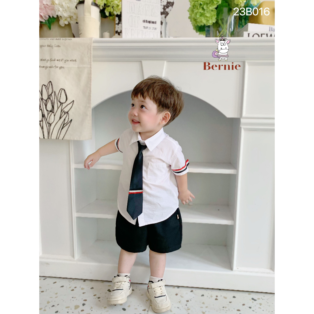 (Hãng Bernie) Bộ sơ mi hè Công Tử kèm cà vạt,áo chất thô lụa mềm mát kèm quần kaki cho bé diện sinh nhật,đi chơi,đi học