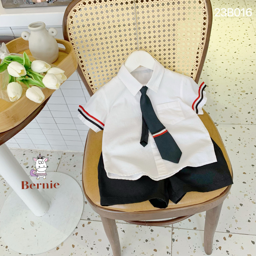 (Hãng Bernie) Bộ sơ mi hè Công Tử kèm cà vạt,áo chất thô lụa mềm mát kèm quần kaki cho bé diện sinh nhật,đi chơi,đi học