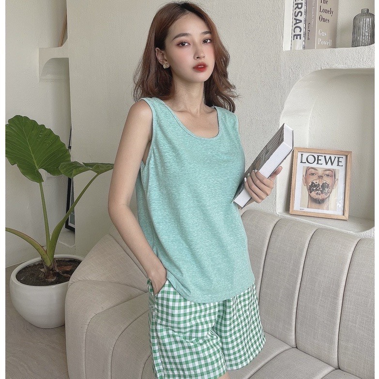 Đồ bộ mặc nhà nữ JULY, Set đồ ngủ sát nách nữ Chất cotton xược sát , quần đùi caro nữ siêu xinh, hàn quốc