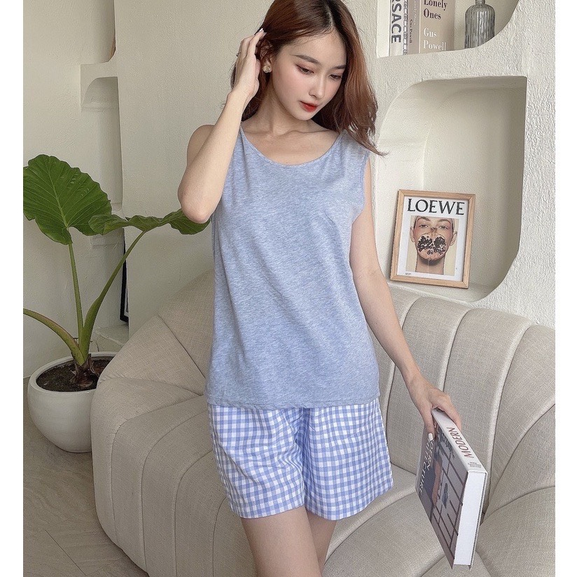 Đồ bộ mặc nhà nữ JULY, Set đồ ngủ sát nách nữ Chất cotton xược sát , quần đùi caro nữ siêu xinh, hàn quốc