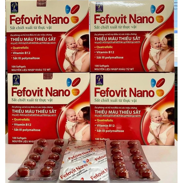 Hộp 100 Viên uống bổ máu FEFOVIT NANO sắt chiết xuất từ thực vật - Bổ sung sắt III và Acid Folic cho cơ thể tạo máu
