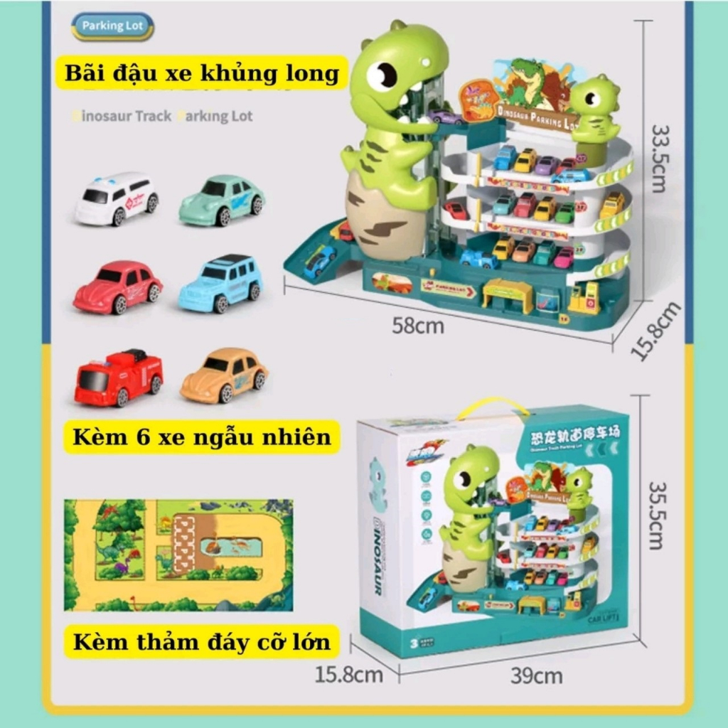 Đồ Chơi Bãi Đậu Xe Công Viên Khủng Long Xanh Kèm 6 Xe ÔTô, Đồ Chơi Lắp Ráp Cho Bé PUKAPI