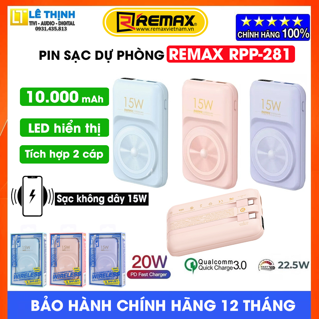 Pin sạc dự phòng tích hợp sạc không dây Remax RPP-281 10000mAh tích hợp ...