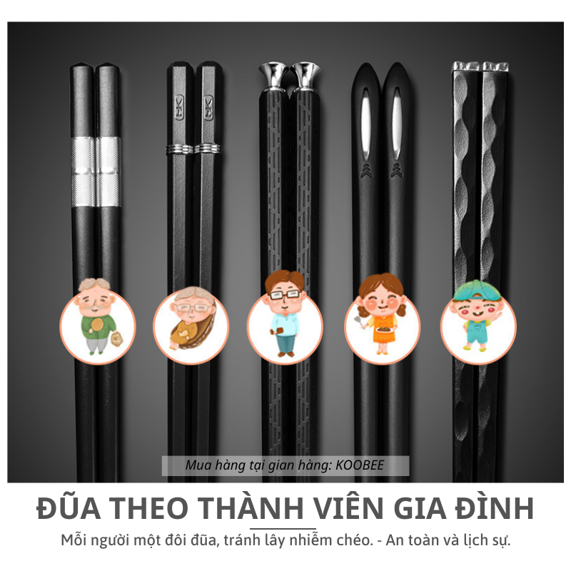 Set 5 Đôi Đũa Sợi Thủy Tinh Hợp Kim Màu Đen Mạ Vàng Bạc – Chống Mốc, Chống Trơn Trượt, Chịu Nhiệt Cao Cấp (BA17)