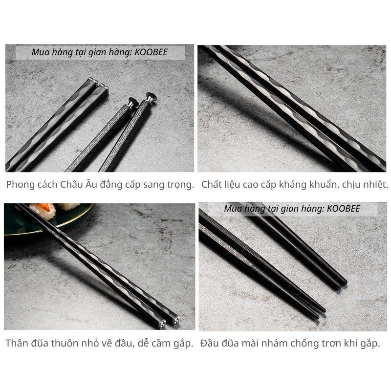 Set 5 Đôi Đũa Sợi Thủy Tinh Hợp Kim Màu Đen Mạ Vàng Bạc – Chống Mốc, Chống Trơn Trượt, Chịu Nhiệt Cao Cấp (BA17)