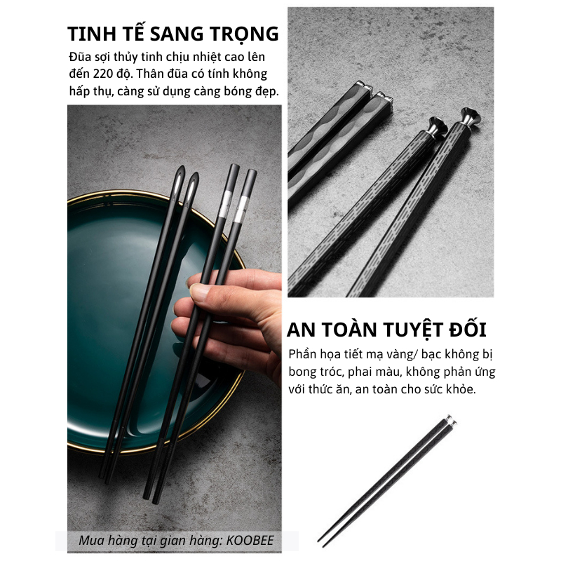 Set 5 Đôi Đũa Sợi Thủy Tinh Hợp Kim Màu Đen Mạ Vàng Bạc – Chống Mốc, Chống Trơn Trượt, Chịu Nhiệt Cao Cấp (BA17)