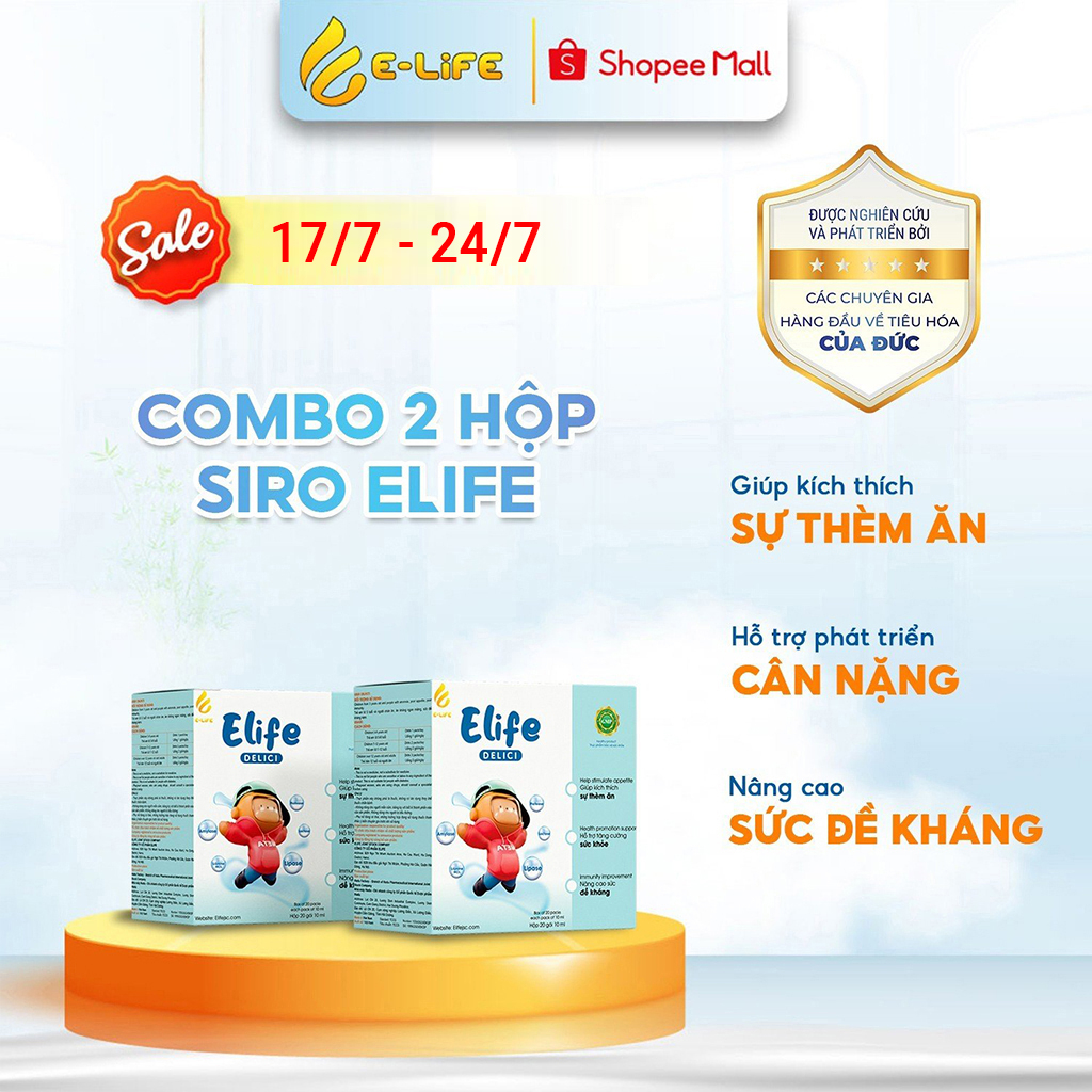 Combo 2 hộp Siro ăn ngon cao cấp cho bé ELIFE Delici dành cho trẻ biếng ăn và chậm tăng cân hộp 20 gói 10ml