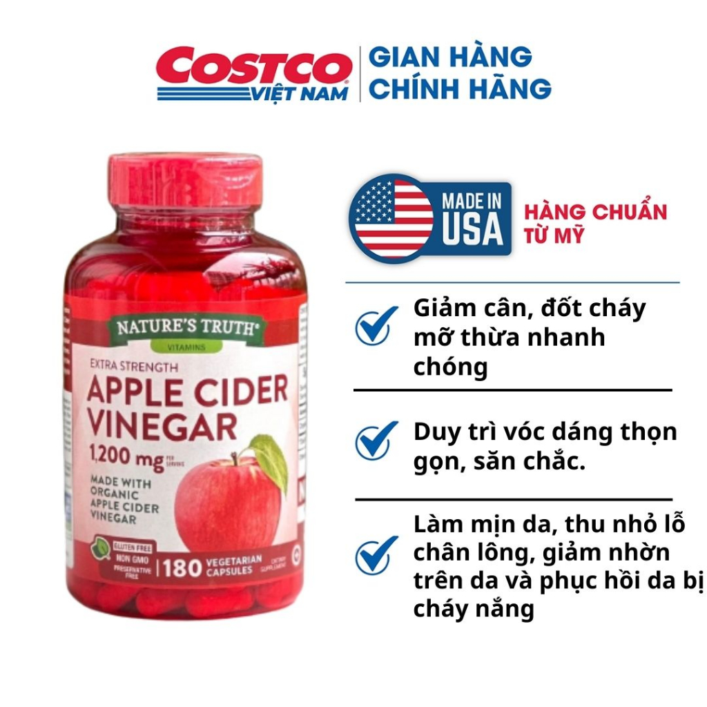 Viên uống giảm cân Kirkland Signature giấm táo hữu cơ Apple Cider Vinegar 1200mg 180v hỗ trợ giảm cân tự nhiên của Mỹ