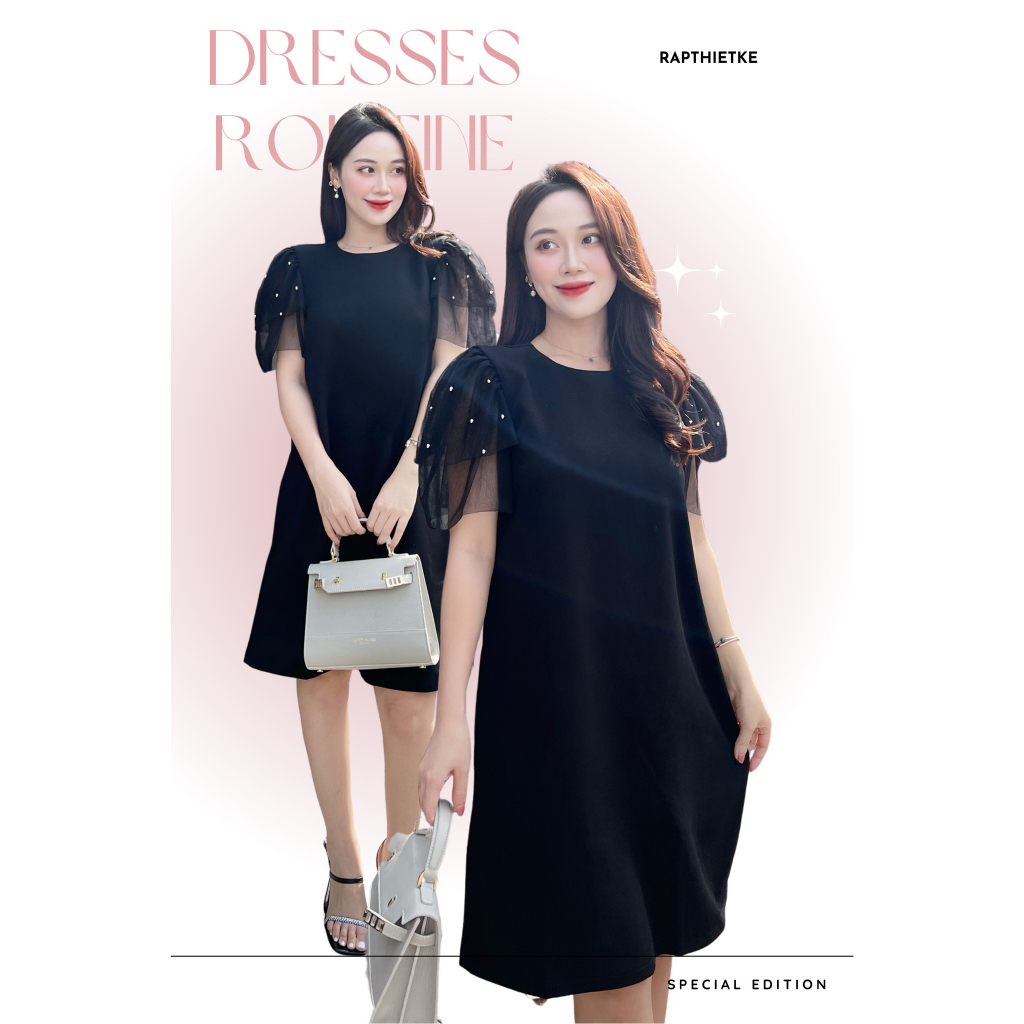 RẬP – Đầm Đính Hạt Trên Tay Lưới Hai Tầng – TITI 08 ĐEN