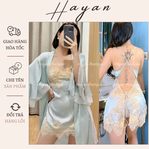 HT430 Set váy ngủ và áo choàng sexy dây đan lưng, đồ ngủ lụa tay loe sang chảnh HT430 (14+236)