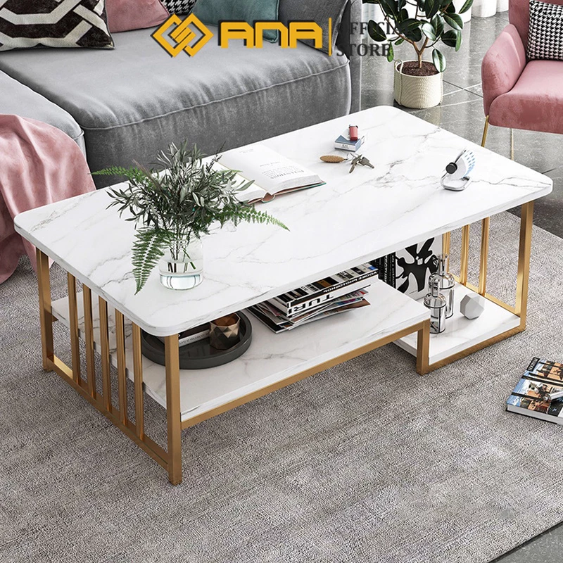 Bàn trà sofa ANA phòng khách mặt bàn họa tiết vân đá cẩm thạch 2 tầng khung thép chân sơn nhũ vàng mã SF01 — ảnh 1