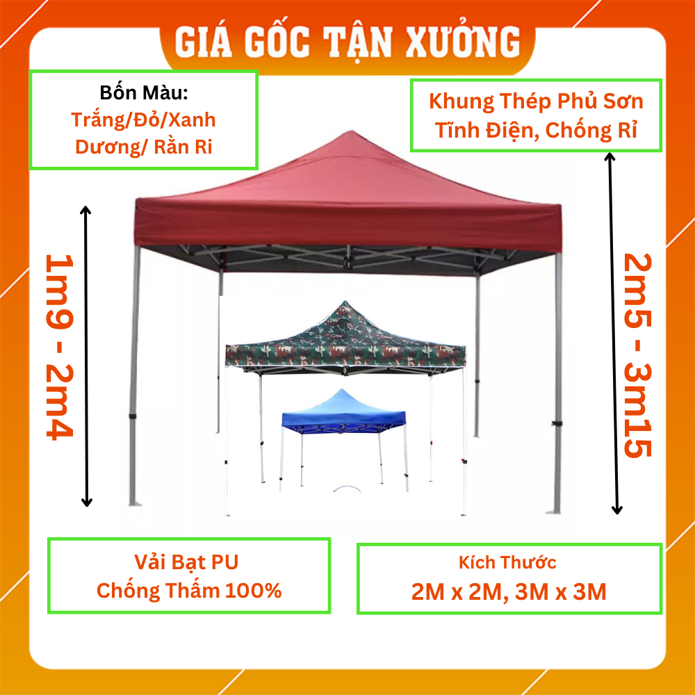 [Rẻ - Rẻ - Rẻ] Nhà Bạt Di Động 3M X 3M Che Nắng, Che Mưa Ngoài Trời, Khung Thép Sơn Tĩnh Điện