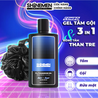 Combo Sữa tắm gội và Rửa mặt 3 in 1 SHINEMEN cho nam, hương nước hoa AWA-AMOR 300ml & Bông tắm