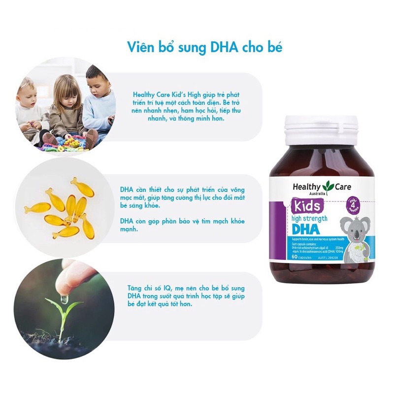 Bộ sản phẩm DHA, Canxi milk, Vitamin C, Kẽm và bổ mắt Healthy Care cho bé