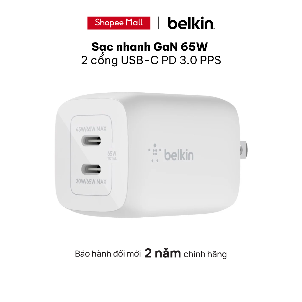 Sạc BOOST↑CHARGE PRO GaN Belkin 65W - 2 cổng USB-C PD 3.0 PPS