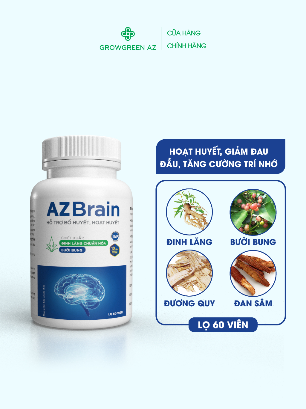 Ảnh AZBR60- Viên uống hoạt huyết thông mạch, tăng cường chức năng tuần hoàn máu lên não hết đau đầu, mất ngủ ( Hộp 60 viên) 1