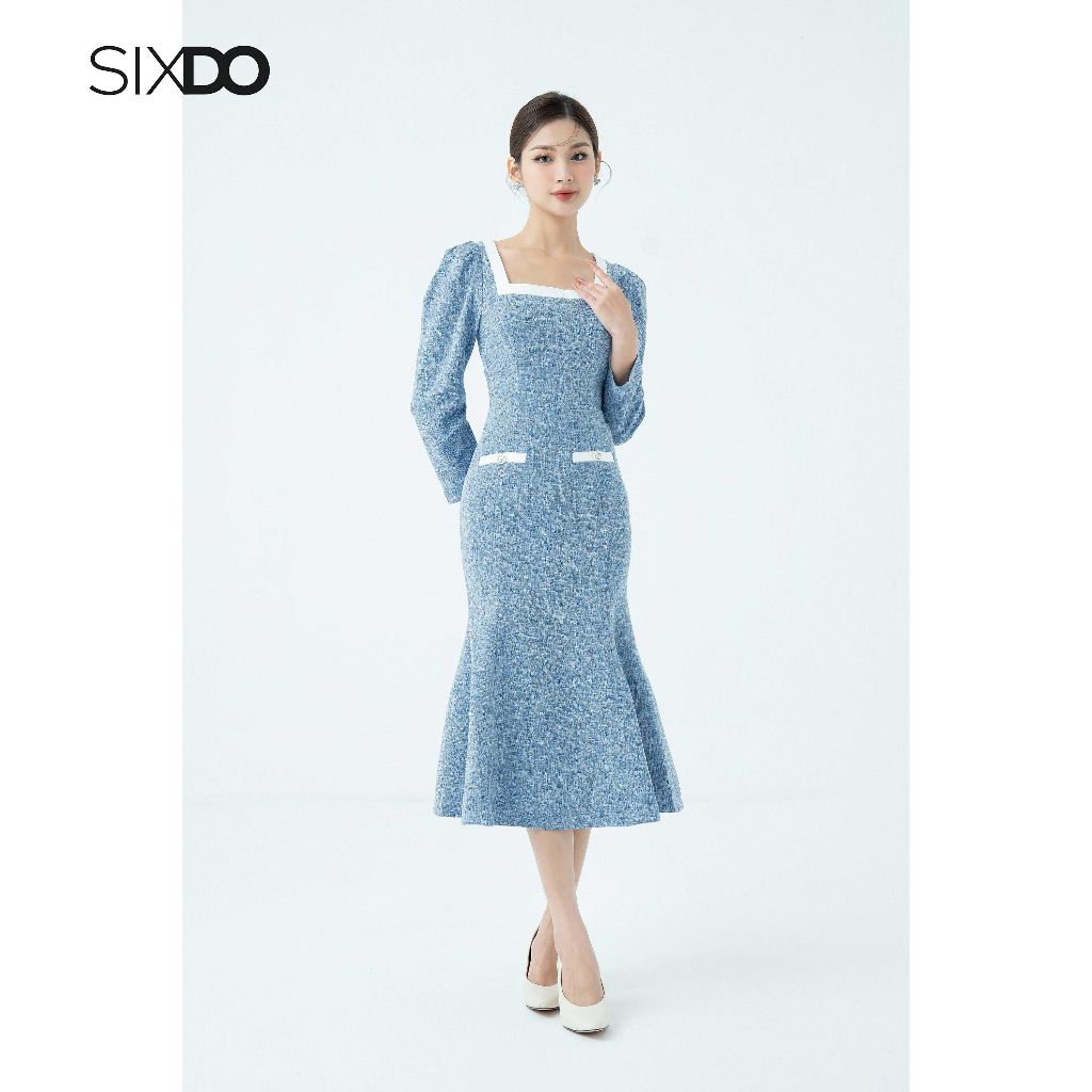 Đầm tweed midi xanh thanh lịch thời trang SIXDO Blue Mermaid Midi Tweed Dress