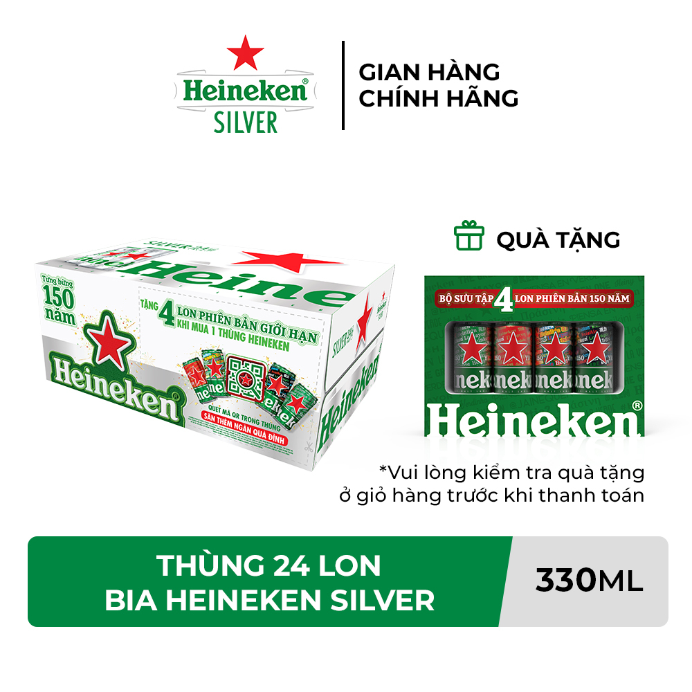 HỎA TỐC HCM - Thùng 24 lon bia Heineken Silver 330ml/lon - Tặng lốc 4 lon phiên bản đặc biệt