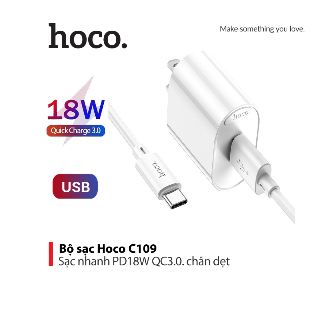 Bộ sạc nhanh 18W Hoco C109 chân dẹt 1 cổng Type-C kèm dây sạc Type-C ...