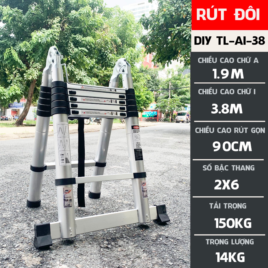 [Mã BMLTB200 giảm đến 100K đơn 499K] Thang nhôm rút đôi DIY TL-AI-38 chiều cao chữ A 1.8m chữ I 3.8m, tải trọng 150kg