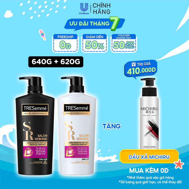 Combo Gội 640g, Xả 620g Tresemme Salon Rebond Cho Tóc Hư Tổn Do Tạo Kiểu Công Nghệ Tái Kết Nối Giúp Ngăn Gãy Rụng Tóc